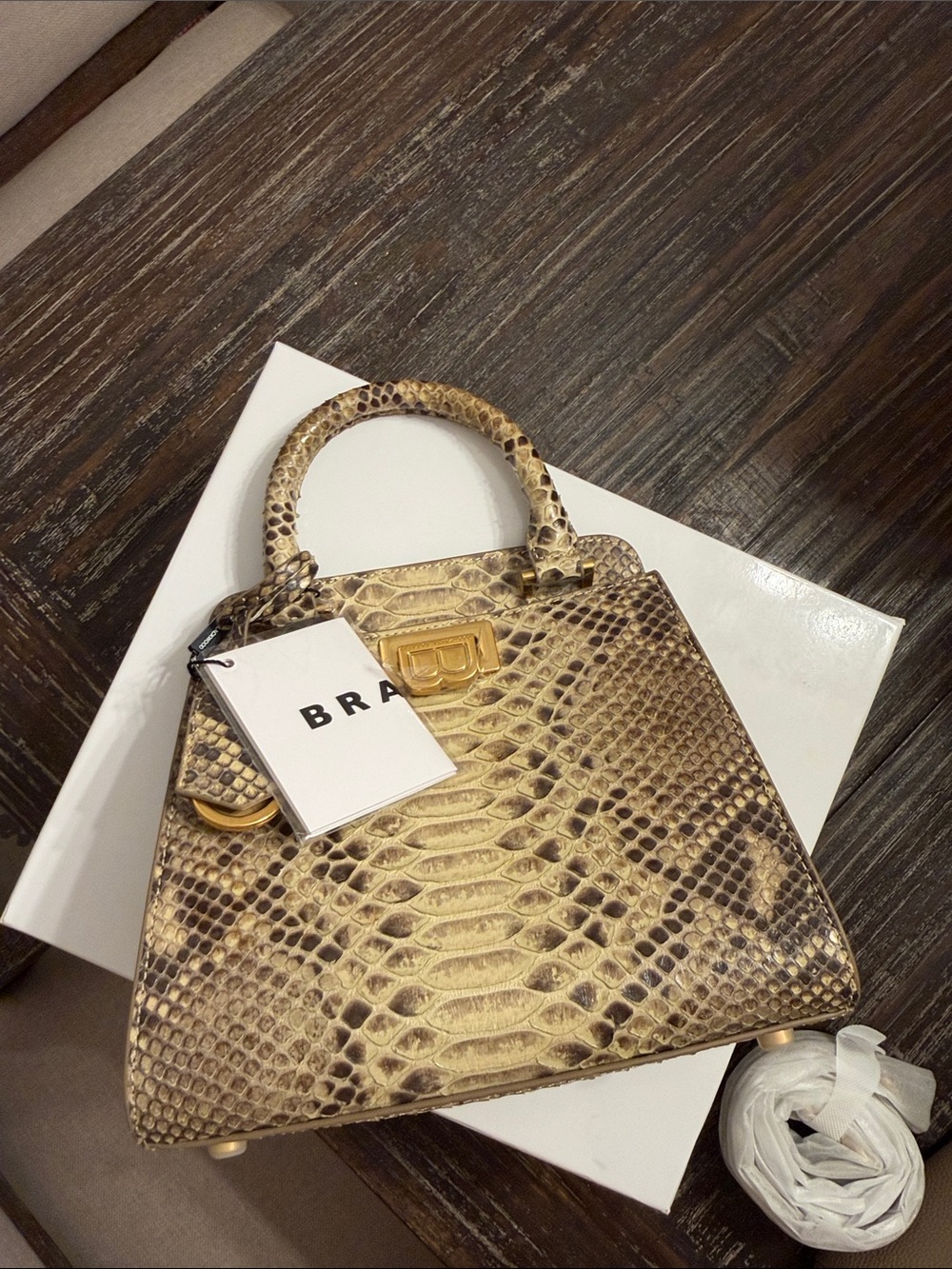 Brandon Blackwood Neutral Snakeskin Top-Handle Bag